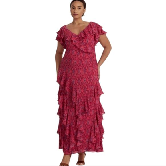 Ralph Lauren Women's Geo-Print Ruffle-Trim Georgette Maxi Gown Dress Plus 18 New - Picture 1 of 16